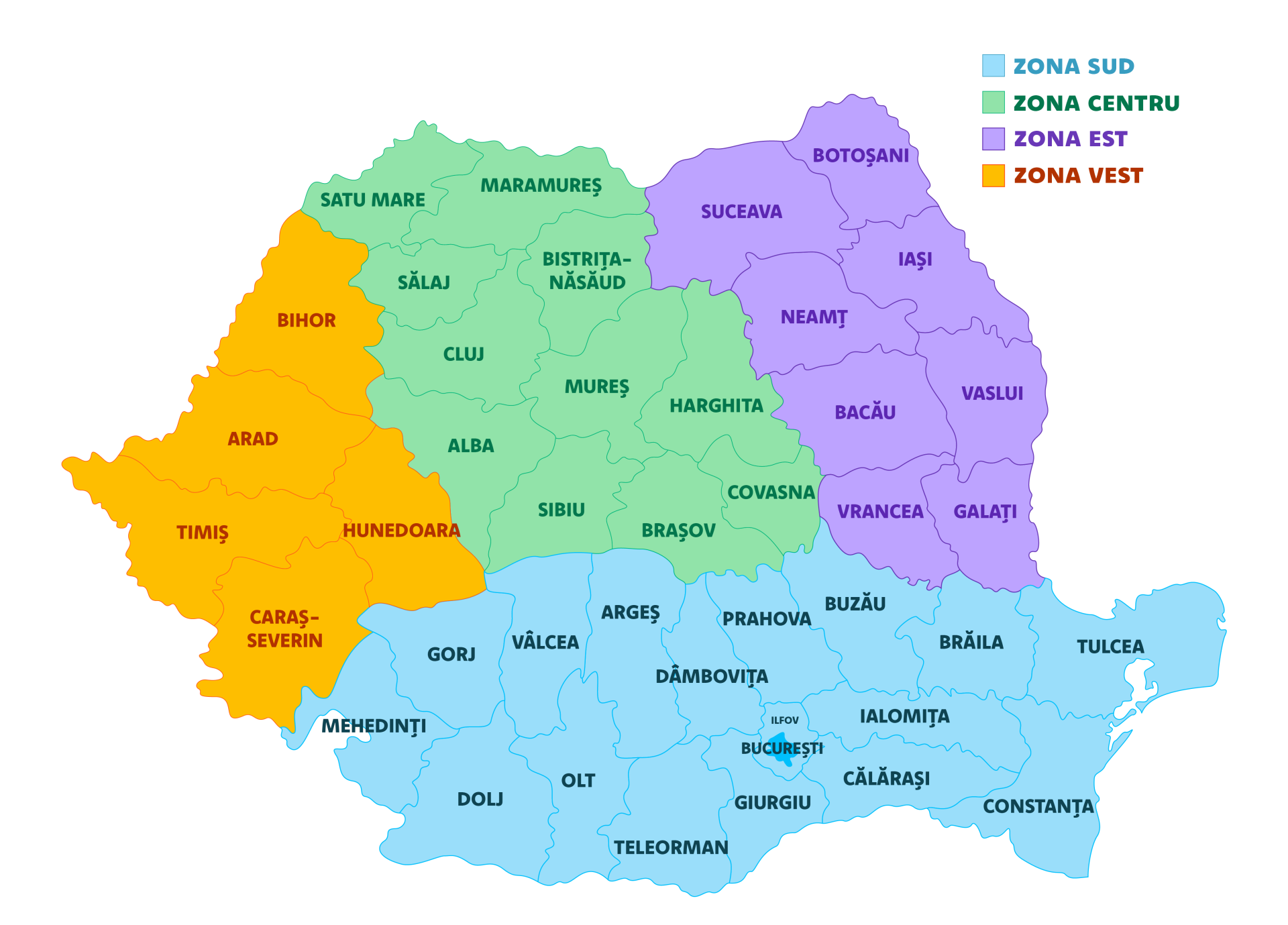 Harta Zone Romania - Paralela 45